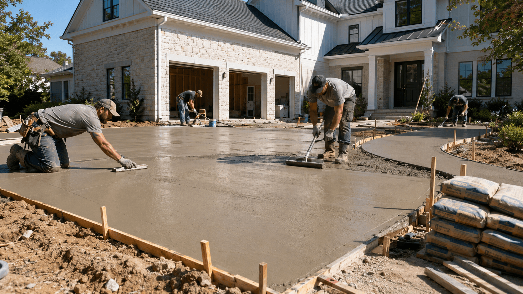 Construction crew finishing a concrete driveway at a residential project