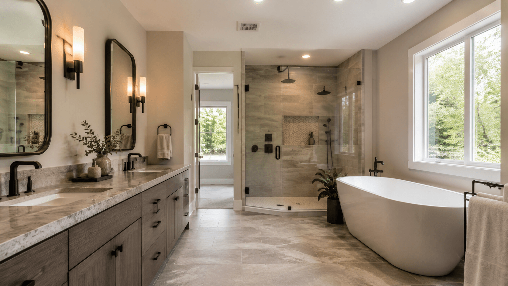 Completed luxury bathroom renovation with a walk-in shower and freestanding tub