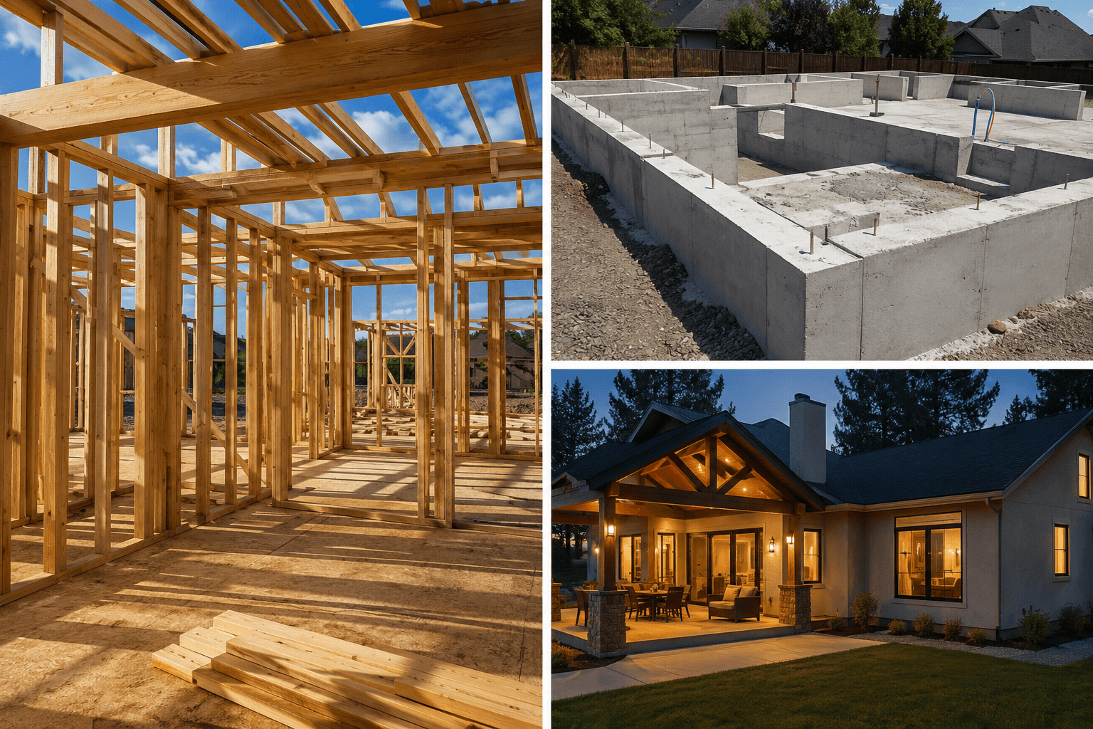 Residential construction showing foundation, wood framing, and a completed home